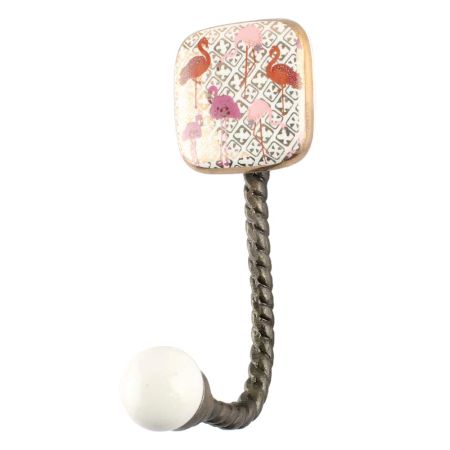 Pink and Gold Flamingo Square Ceramic Wall Hook in Antique Fitting